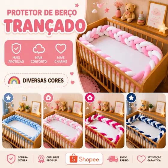 Trança 2,40 ou 4 metros protetor de berço e mini cama rosa pink azul bebê marinho rosê menino menina