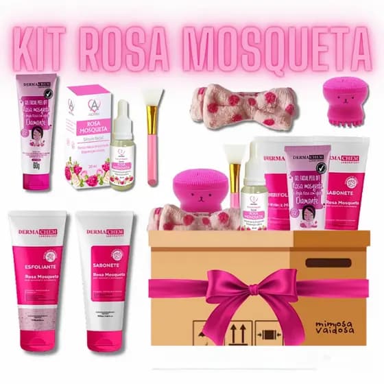 Kit Limpeza de Pele Completo Rosa Mosqueta Sabonete Esfoliante Faixa de Cabelo Máscara Peel Off Sérum Esponja Polvinho