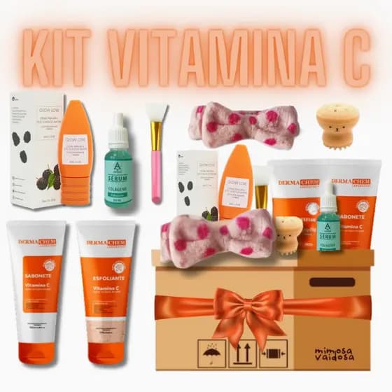 Kit Skincare Vitamina C Sabonete Esfoliante Sérum Máscara Hidratante Facial Esponja Polvinho Faixa de Cabelo Pincel