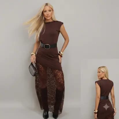 Vestido Longo Feminino Tendência Moda 2026 Elegante com Drapeado e Renda Forro Duplo Sofisticado Moda Chique