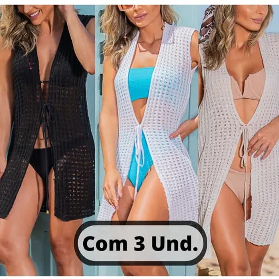 Kit 3 Kimono Saida de Praia Feminina Curta Tricô Verão CURTA