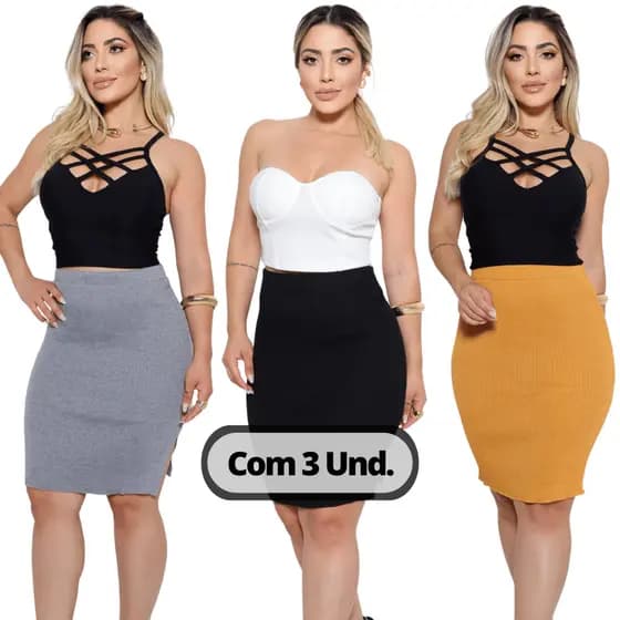 Kit Três Unidades Saia Midi Feminina Trico Otimo Caimento Tendencia