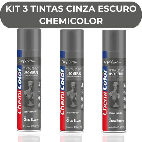 Kit 3 Tintas Spray Cinza Escuro Chemicolor Uso Geral 400ml Secagem Rápida Madeira Ferro Metal MDF