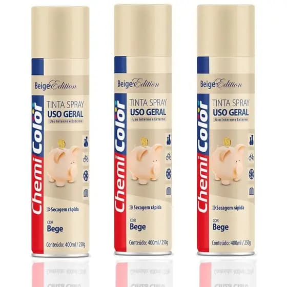 Kit 3 Tintas Spray Bege Chemicolor Uso Geral 400ml Secagem Rapida Metal MDF Gesso Ceramica Vime