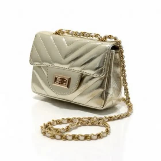 Bolsa Bag Feminina Pequena Transversal Corrente Dourada Matelassê Bordada Sintético Brilhante Mini Bag Festa/Dia a Dia