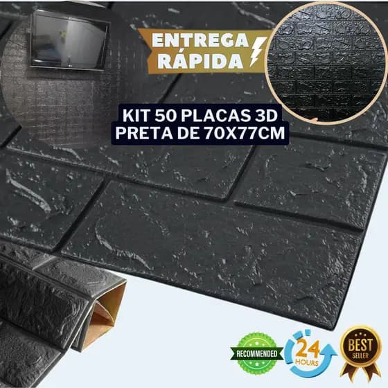 Kit 50 Placa Adesiva Tijolo 3D Decorativa Papel de Parede Preto Casa Alto Relevo Espuma Escritorio