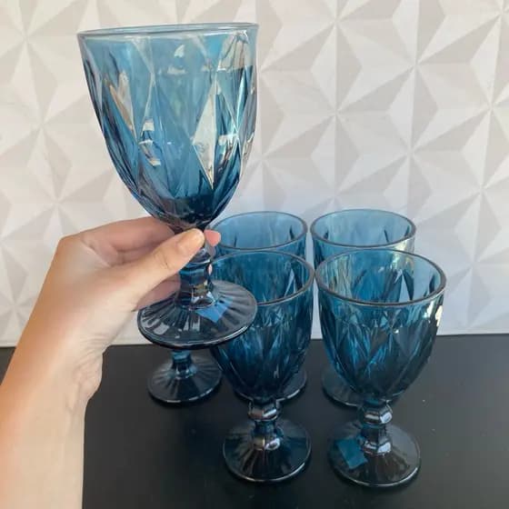 Conjunto Taças Vidro Jogo 6 Peças Taça Bebida Mesa Decor Premium Casa Presente Azul Milbani 330ml