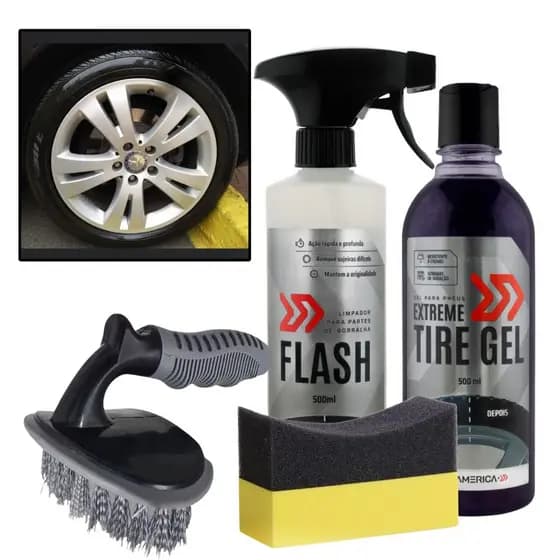 Kit Flash + Pretinho Tire Gel Autoamérica + Escova de Pneus + Aplicador de Pretinho