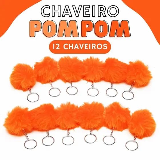 Chaveiro Pompom Pelúcia Laranja Neon 50mm - C/ 12 Unidades - BRX