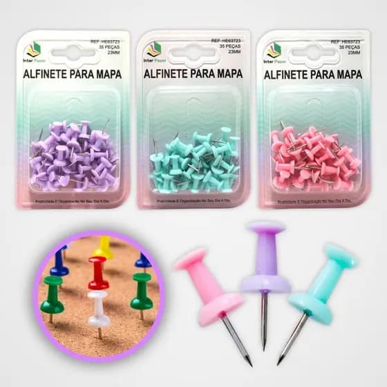 Alfinete com 35 peças diversas Cores Verde Rosa Lilás Para Mapa