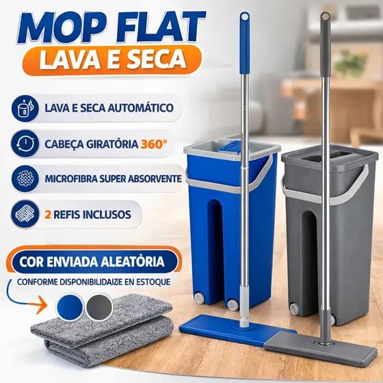 Mop Rodo Flat Lava e Seca Com Balde 5L + 2 Refis Microfibra Rodo Limpeza 360 Graus