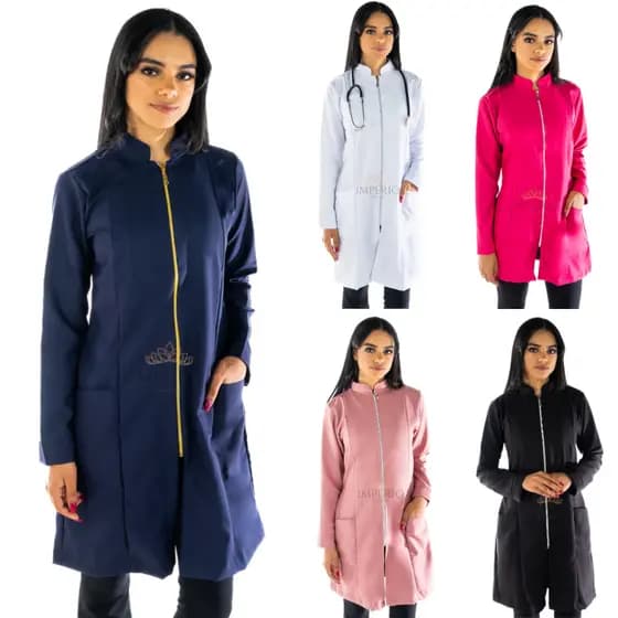 Jaleco Feminino Acinturado Oxford Com Zíper Gola Padre