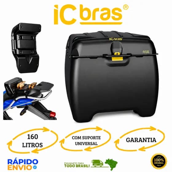Caixa Baú 160 Litros Para Moto Bauleto Com Suporte Universal ICBRAS Motoboy Delivery Resistente Top
