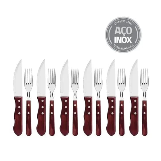 Jogo de Talheres Para Churrasco 12 Peças Jumbo Garfo Faca Aço Inox E Madeira