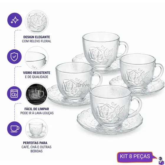 Kit 4 Xícaras de Vidro com Pires Foglia Elegante Resistente para Café e Chá Premium 260ml
