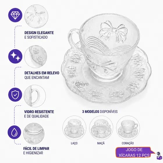 Jogo 6 Xícaras de Vidro com Pires Elegante Chá Café Mesa Posta Luxo Decorativo