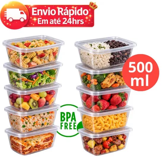 Kit 5 e 10 Potes Transparentes 500ml Marmitas Fitness Microondas Freezer Organizador Alimentos