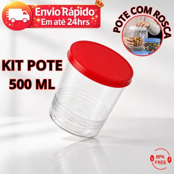 Jogo 5/10 Potes Com Tampa De Rosca Transparente 500ml Cada Ótima Vedação Cores Sortidas