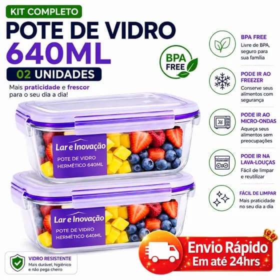 2 Pote de Vidro Com Tampa Herméticas 640ML Freezer Microondas Forno Marmita