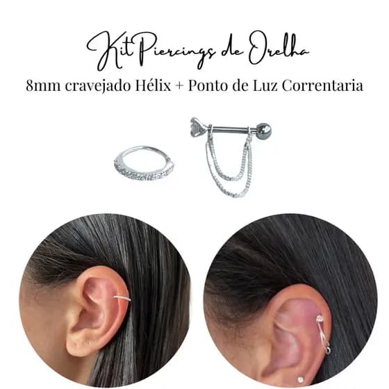Piercing de Orelha Hélix Argola Cravejada 8mm + Ponto de Luz Correntaria Pedras em Zircônia Prata 925 KIT 2 PIERCINGS