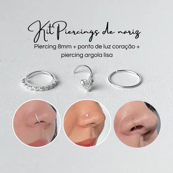 Piercing Prata 925 Kit Cravejado 8mm + Lisa + Ponto de Luz Coração Kit 3 Piercing