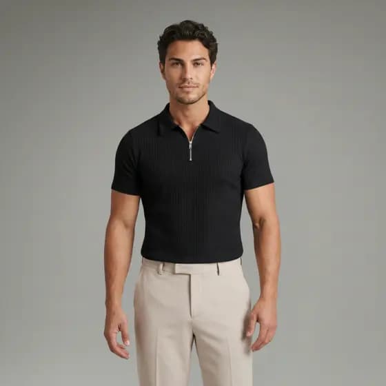 Camiseta Polo Ziper Camisa Manga Curta Malha Canelada Masculina Polo Italiana