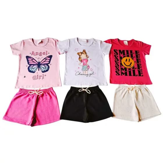 kit 6 Peças de Roupas Infantil Feminina 3 Camisetas e 3 Bermudas Tam 6 anos ao 12 anos