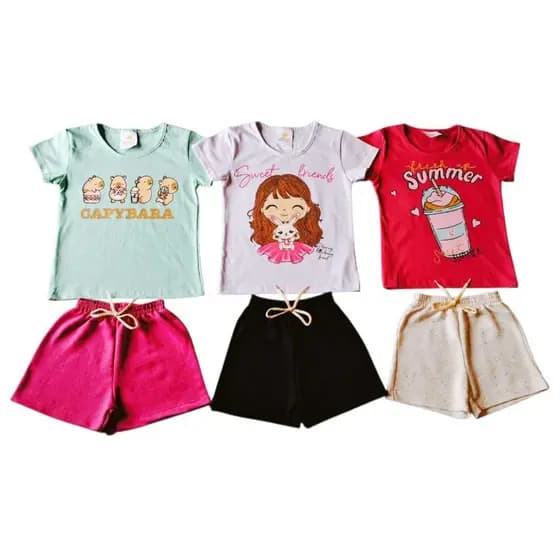 kit 6 Peças de Roupas Infantil Feminina 3 Camisetas e 3 Bermudas Crianças Tam 2 anos ao 4 anos