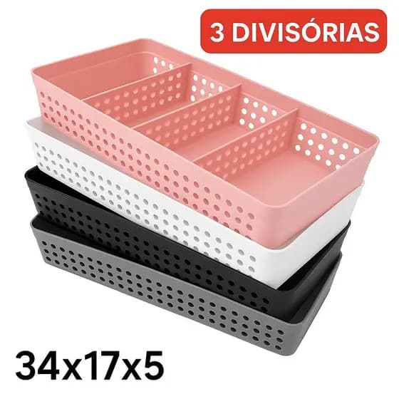 Cesto Organizador Grande Com 3 Divisórias Removíveis 34x17x5,5 Multiuso Caixa Organizadora Gaveta