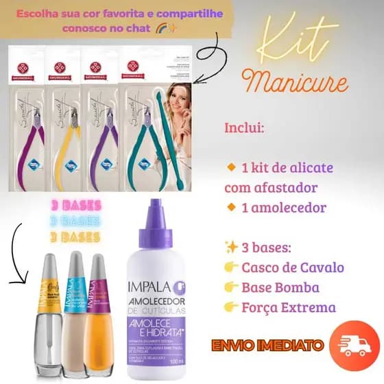 Kit Manicure Profissional Mundial Alicate + Espaçador + Bases Impala Casco de Cavalo Base Bomba Força Extrema+Amolecedor
