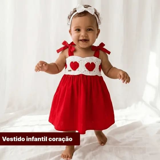 vestido infantil de Crochê e tecido vermelho personalizado para bebê menina