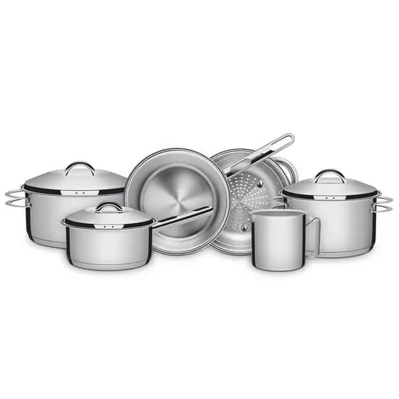 JOGO DE PANELAS SOLAR EM ACO INOX COM FUNDO TRIPLO E TAMPAS DE INOX 6 PECAS TRAMONTINA
