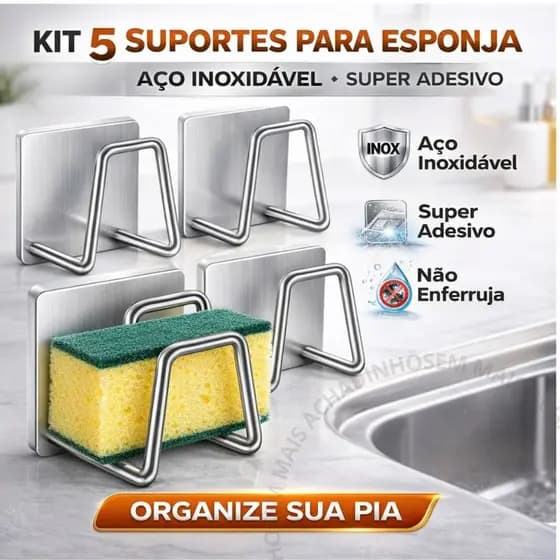 Kit 5 Suporte Esponja Aço Inoxidável Bucha Pia Prateleira de Cozinha Armazenamento Parede Multiuso
