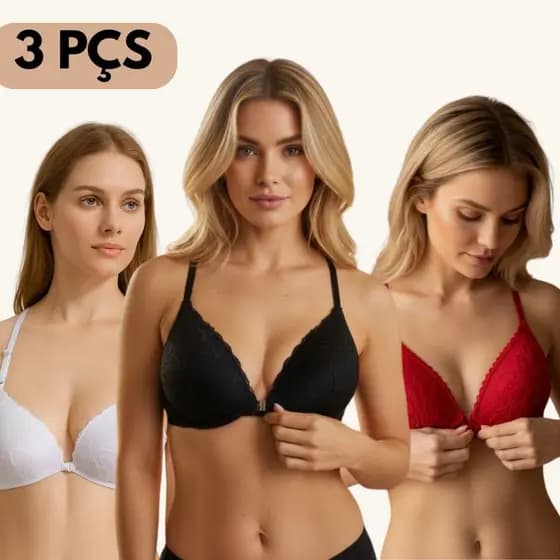 3 Sutiãs de Renda Nadador com Bojo Soft Fecho Frontal Sutien Conforto Dia Dia Moda íntima Feminina
