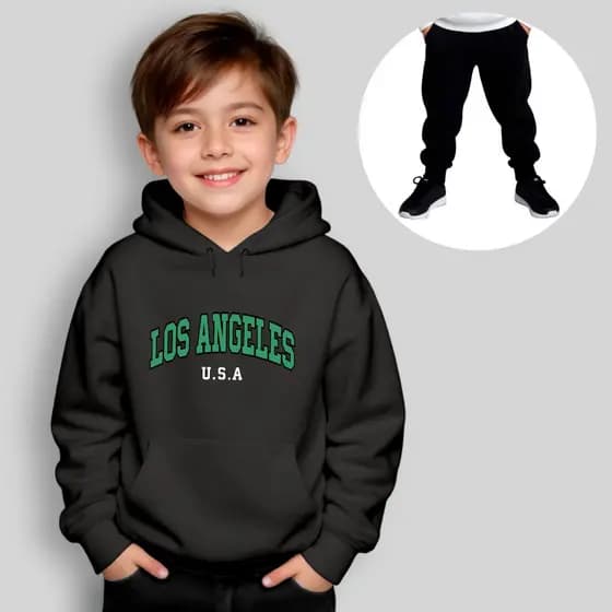 Conjunto Moletom Infantil Cinza Canguru + Calça Estampado Los Angeles U.S.A. Inverno