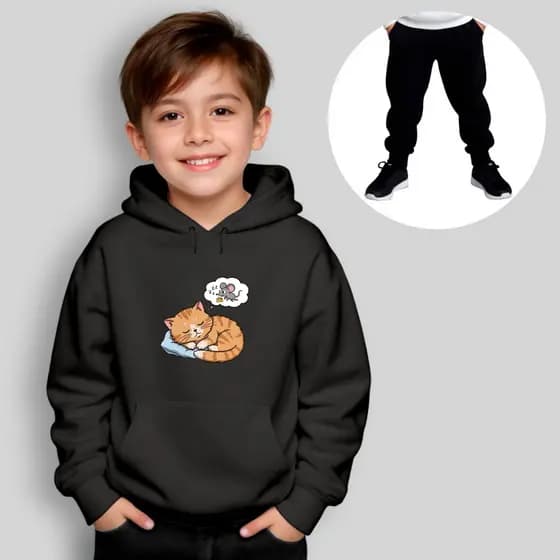 Conjunto Infantil Moletom Gato Dorminhoco Sonhando com Rato + Calça Preta – Estampa Fofa, Capuz e Bolso Canguru Unissex
