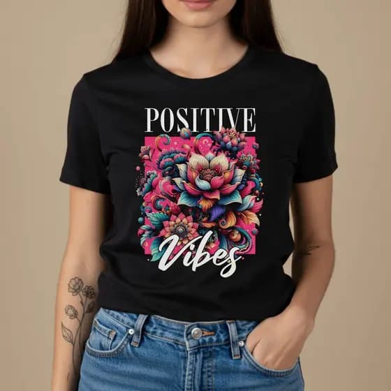 Camiseta Feminina Positive Vibes Frase Motivacional Look Casual Estampa