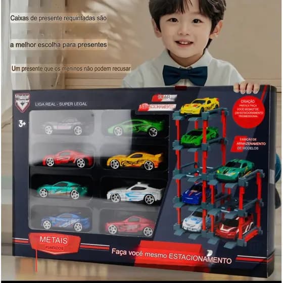 Conjunto de Carrinhos Metálicos 6 Peças com Pista de Estacionamento DIY – Brinquedo Infantil Die Cast