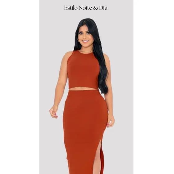 Conjunto Cropped e Saia com Fenda Tecido Canelado Premium