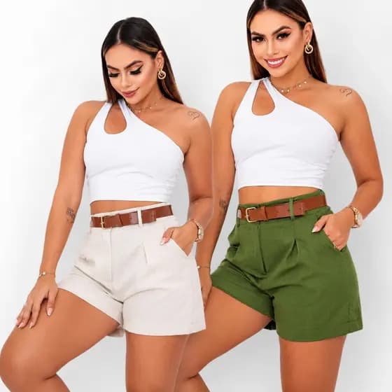 Shorts Feminino Alfaiataria Linho Misto Cintura Alta com Bolsos Casual Elegante P M G GG