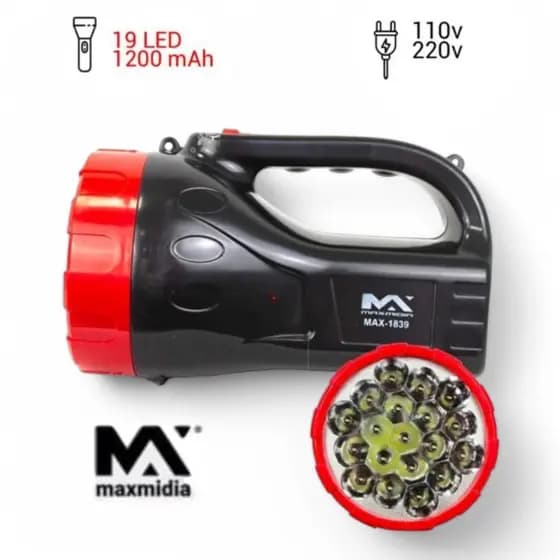 Lanterna Recarregável Maxmidia 19 Led Longo Alcance Bivolt 2 Estágios