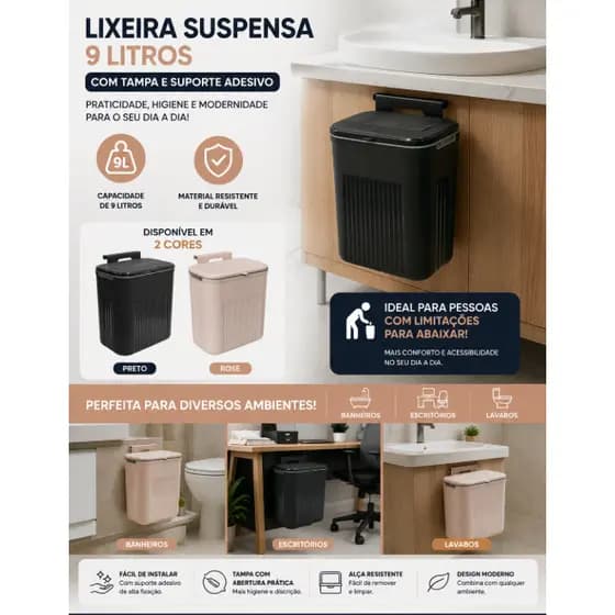 Lixeira Suspensa 9 Litros Com Tampa E Suporte Alto De Adesivos E Alça Cozinha E Banheiro