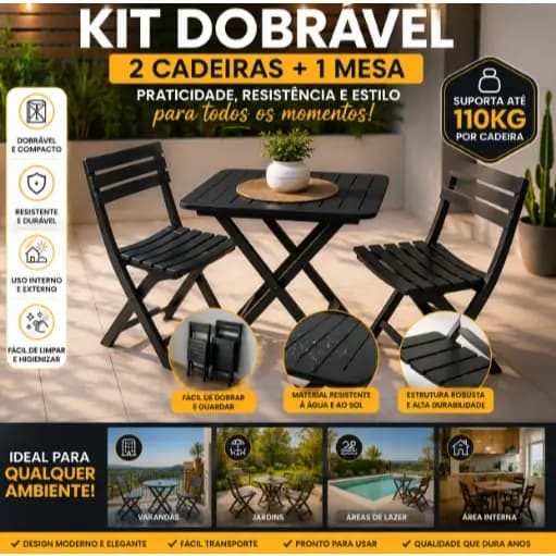 Kit Mesa Dobrável com 2 Cadeiras Bistrô Preto Resistente Até 110kg