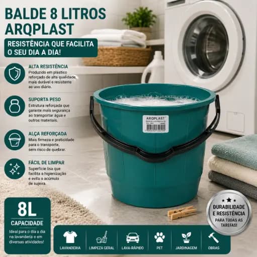 Balde Para Lavanderia Reforçado Verde 8L- Arqplast
