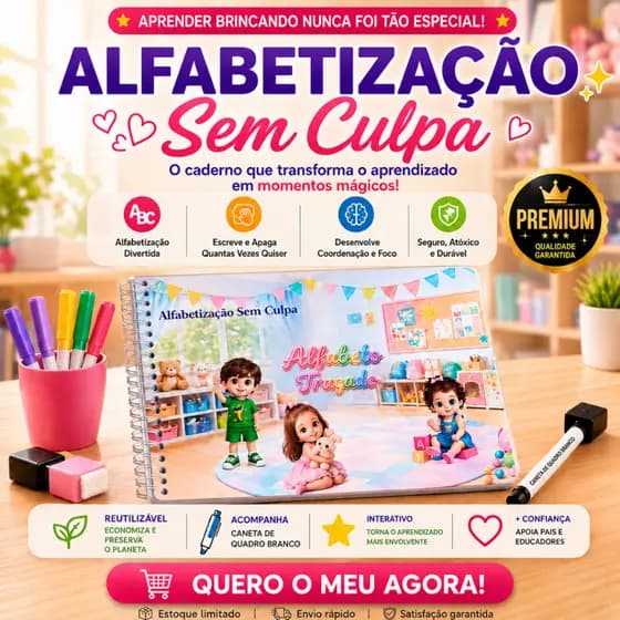 Caderno Alfabeto Traçado Infantil com caneta | Material Pedagógico Lúdico Escreve e Apaga