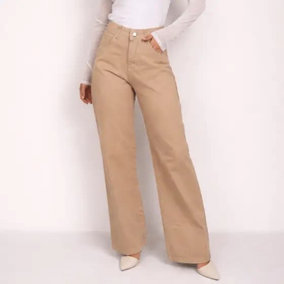 Calça Feminina Jeans Wide Leg Pantalona Tex Denim Elastano Bolsos Cintura Média alta Jeans Sarja