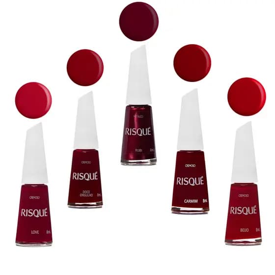 Kit Com 5 Esmaltes Risqué Vermelhos – Poder, Charme e Amor nas Unhas Com Brilho e Elegância