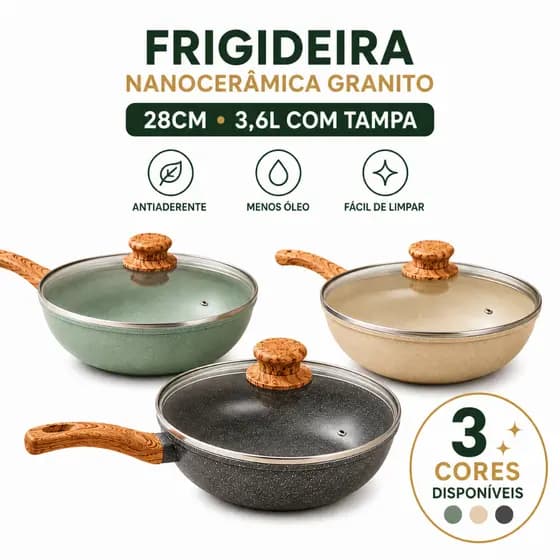 Frigideira Wok Nanocerâmica 28cm Antiaderente Tampa Indução 3,6L Granito Premium