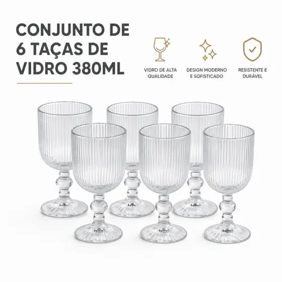 CONJUNTO 6 TAÇAS DE VIDRO ATHENS 380ML TRANSPARENTE RESISTENTE ELEGANTE