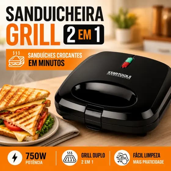 Sanduicheira Grill Elétrica 2 em 1 Antiaderente 750W 127V Prensa Dupla Sem Óleo